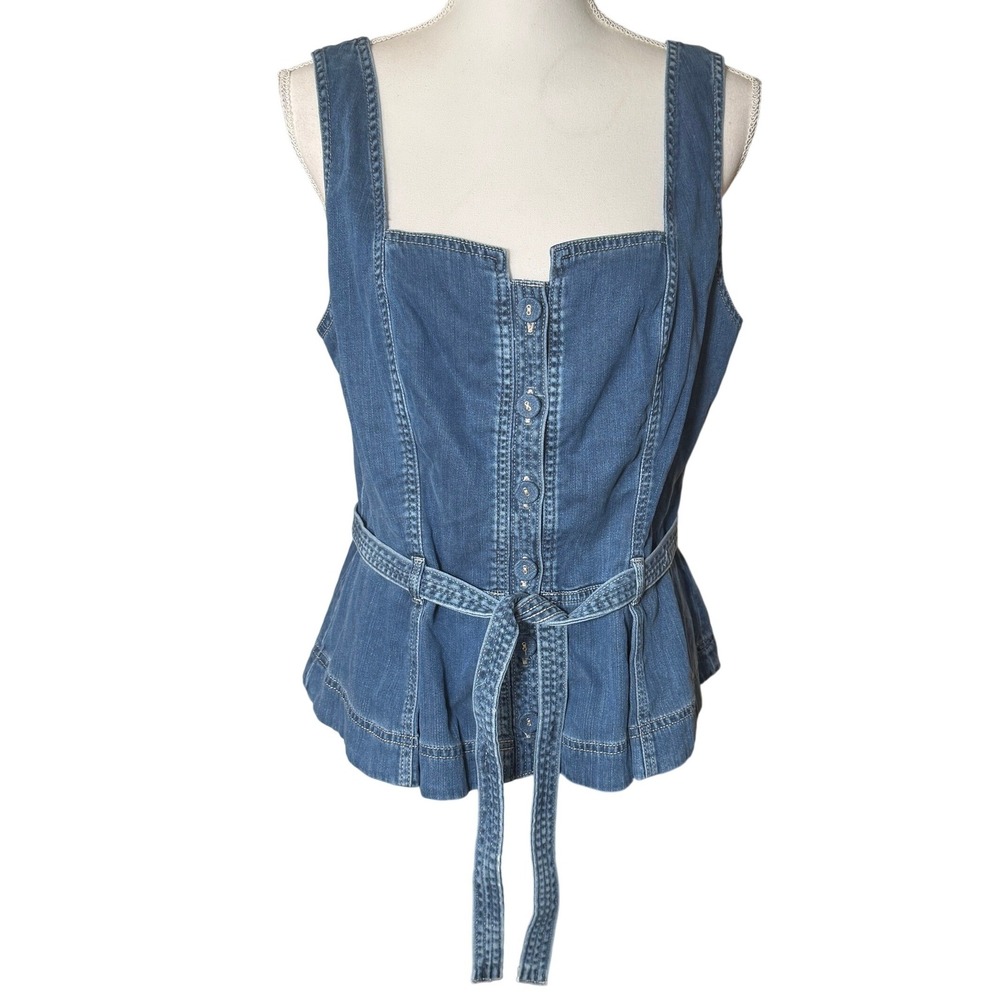 White House Black Market Topstitch Denim Bodice‎ Peplum Belted Top Blue 14 NWT